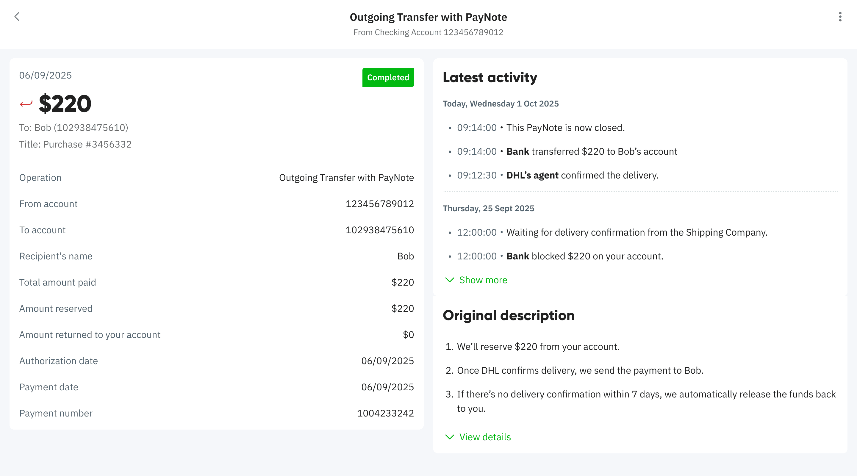 Customer PayNote view in mobile banking
